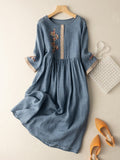 Zara Women’s Cotton Linen Dress – Boho Embroidered Midi Dress with Relaxed Fit