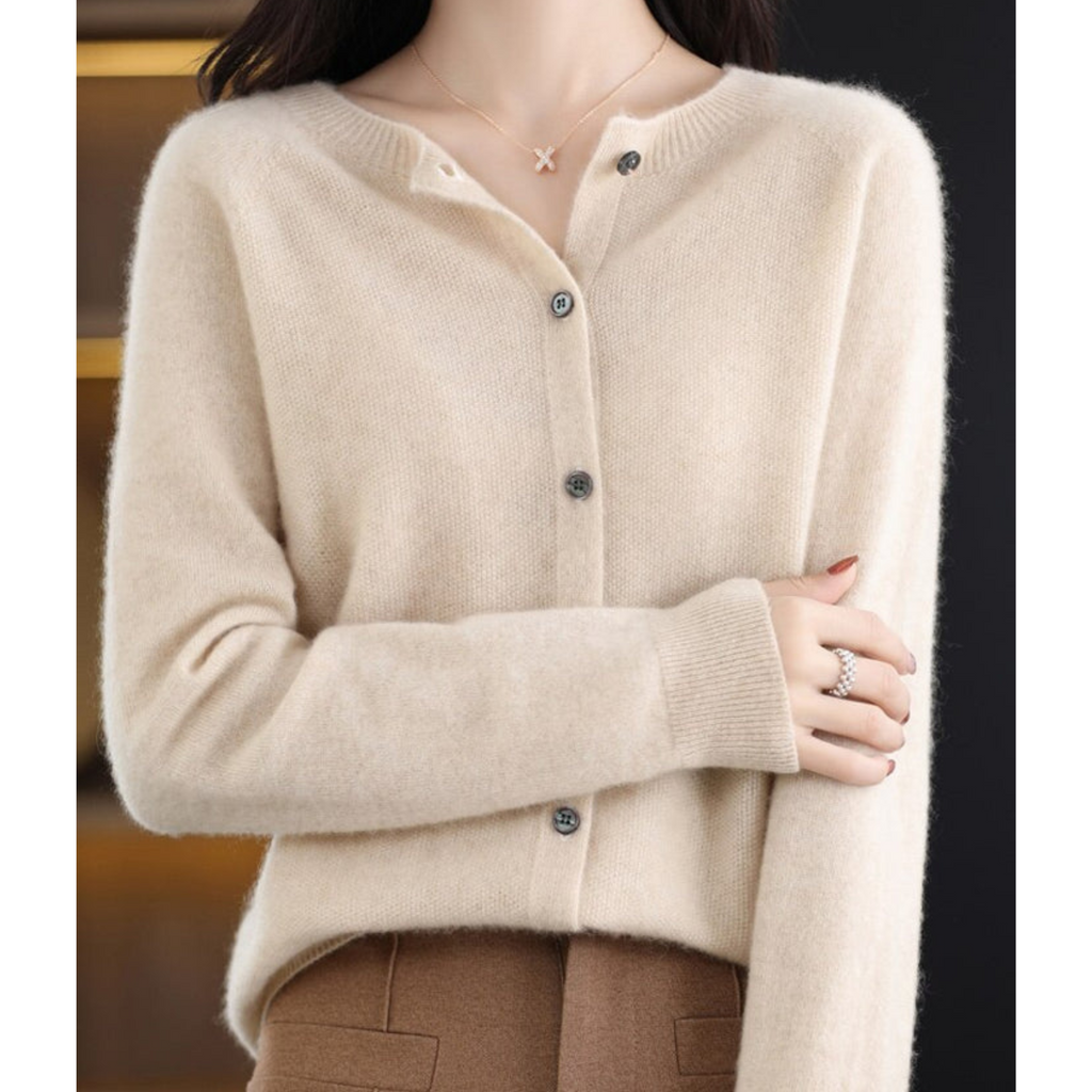 Mercy Women’s Merino Wool Cardigan – Soft Cashmere Knit with Classic Round Neck