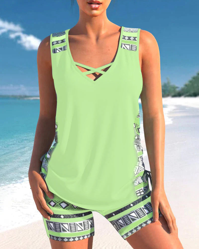 Bienna Women’s Tankini Set – Geometric Swimwear with Built-In Support & Shorts