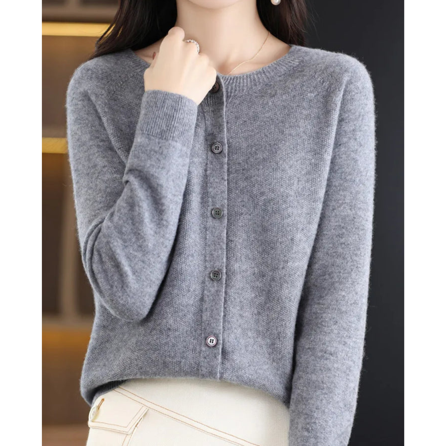 Mercy Women’s Merino Wool Cardigan – Soft Cashmere Knit with Classic Round Neck