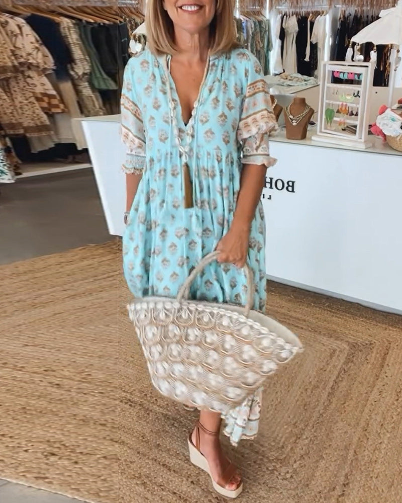 Tallulah Women’s V-Neck Printed Dress – Flowy Casual Dress with Trendy Pattern Design