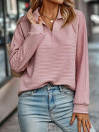 Leyna Women’s Knit Sweater – Ribbed Zip Neck Jumper for Casual Chic Autumn Style