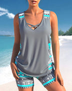 Bienna Women’s Tankini Set – Geometric Swimwear with Built-In Support & Shorts