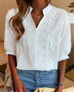 Amelia Women’s Puff Sleeve Blouse – Elegant V-Neck Cotton Lace Patchwork Top