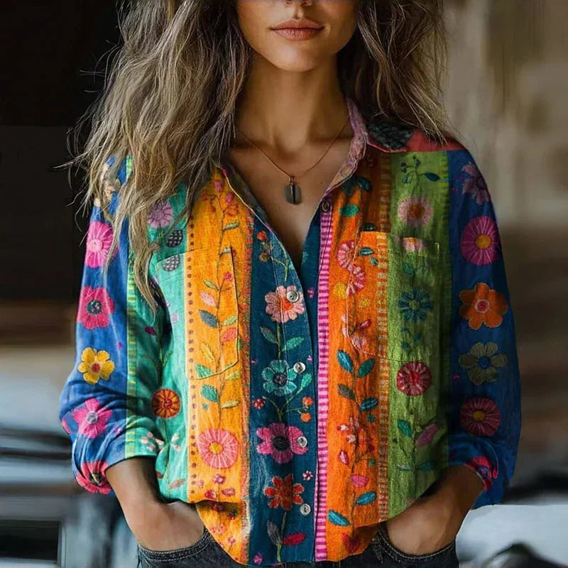 Mira Women’s Vintage Blouse – Ethnic Print Button-Up Shirt with Relaxed Fit