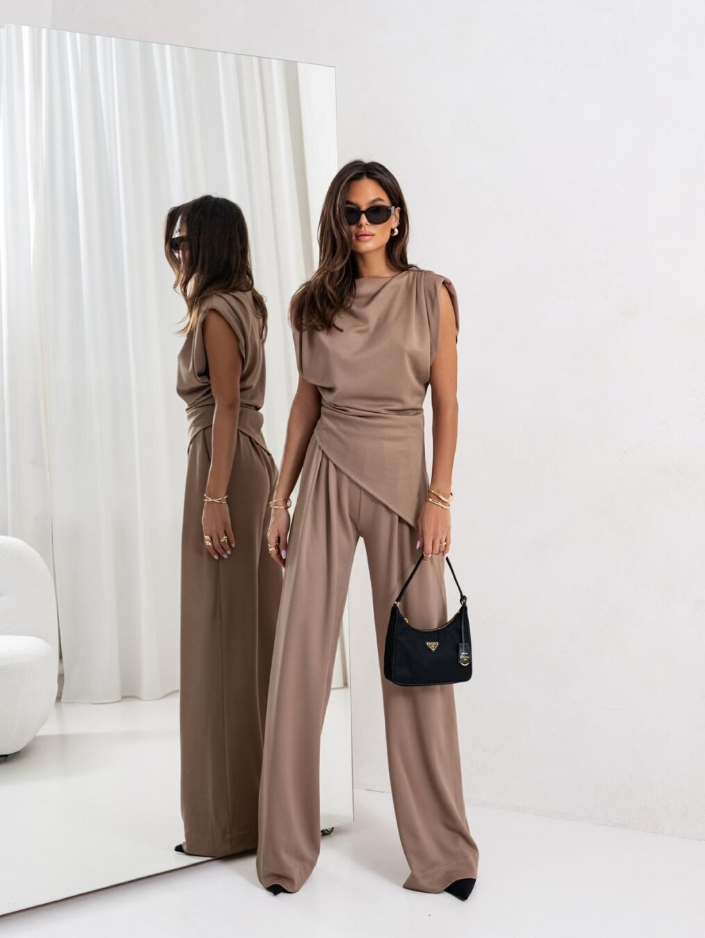 Vivine Women’s Two-Piece Set – Elegant Draped Top & Wide Leg Trousers Co-Ord