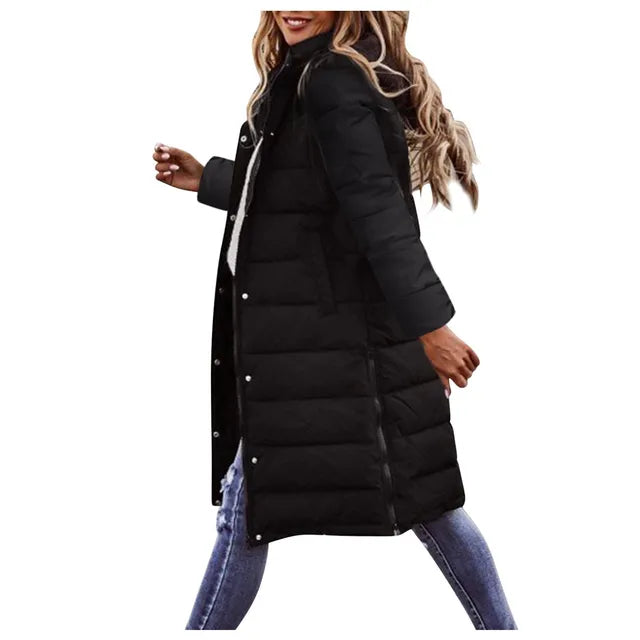 Evie Women’s Long Puffer Coat – Warm Quilted Winter Jacket with Adjustable Hood