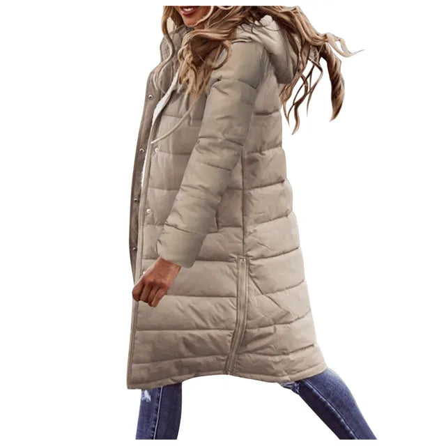 Evie Women’s Long Puffer Coat – Warm Quilted Winter Jacket with Adjustable Hood