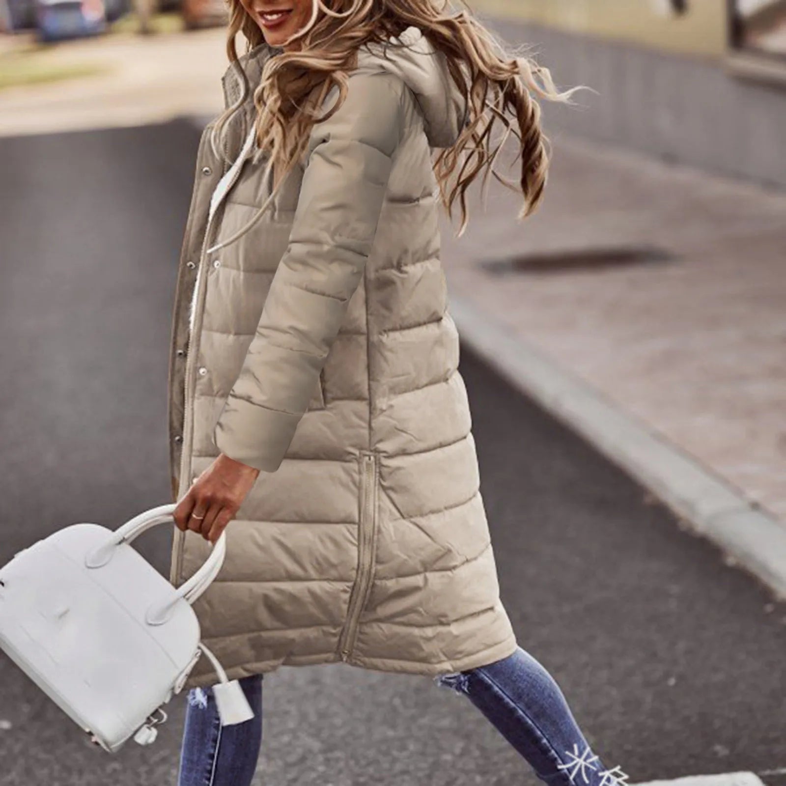 Evie Women’s Long Puffer Coat – Warm Quilted Winter Jacket with Adjustable Hood