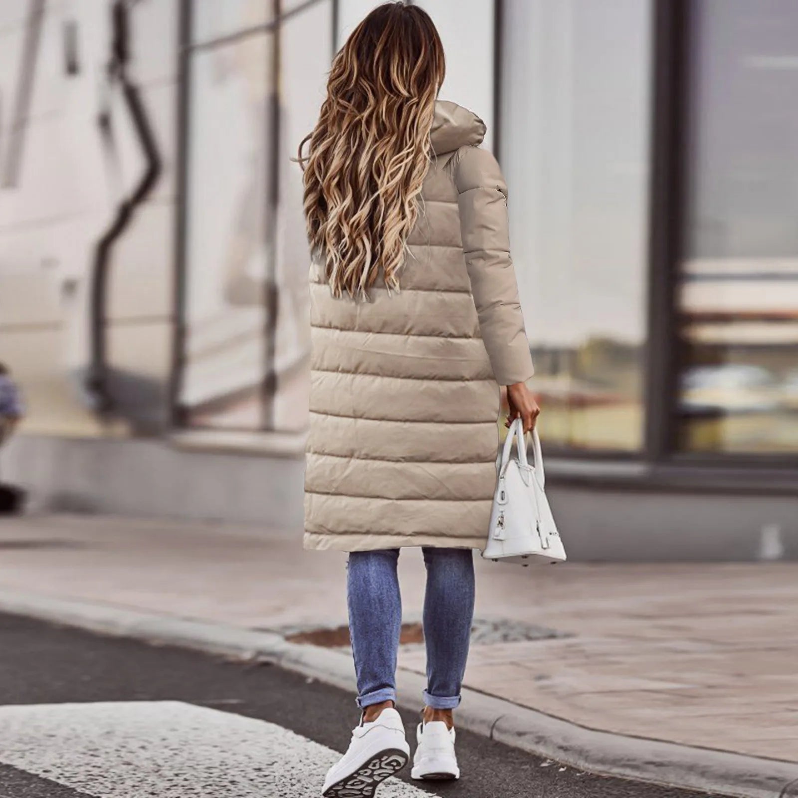 Evie Women’s Long Puffer Coat – Warm Quilted Winter Jacket with Adjustable Hood