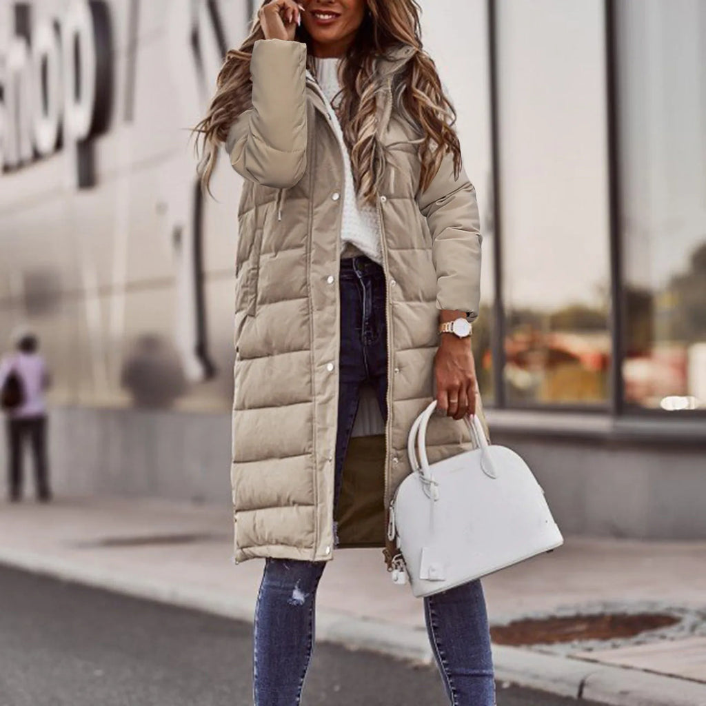 Evie Women’s Long Puffer Coat – Warm Quilted Winter Jacket with Adjustable Hood