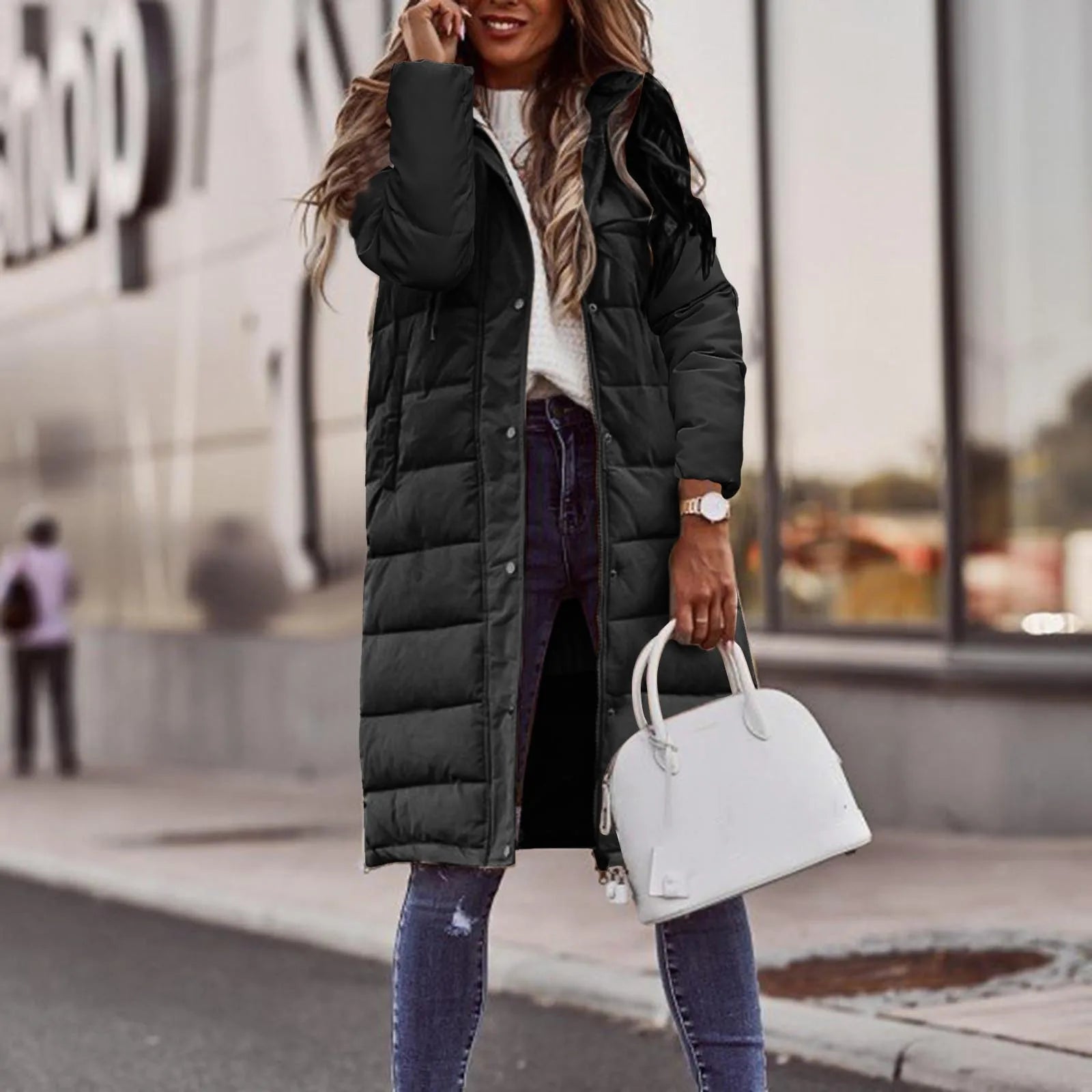 Evie Women’s Long Puffer Coat – Warm Quilted Winter Jacket with Adjustable Hood