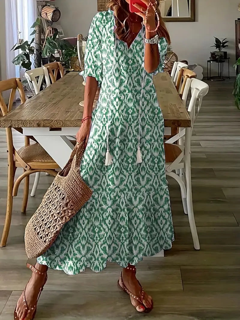 Charlotte Women’s Boho Dress – Ikat Print Summer Dress with V-Neck & Ruffle Details