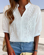 Amelia Women’s Puff Sleeve Blouse – Elegant V-Neck Cotton Lace Patchwork Top