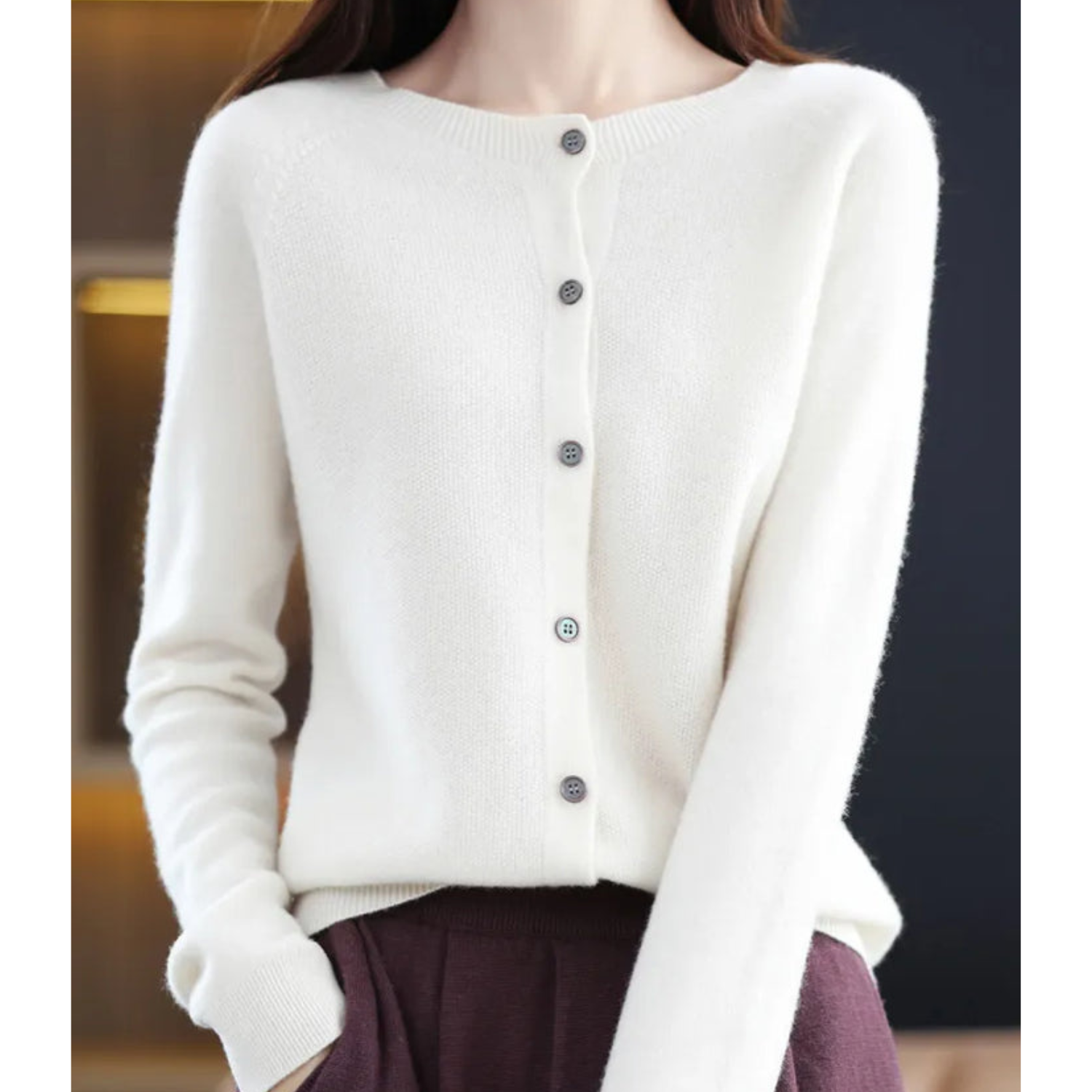 Mercy Women’s Merino Wool Cardigan – Soft Cashmere Knit with Classic Round Neck
