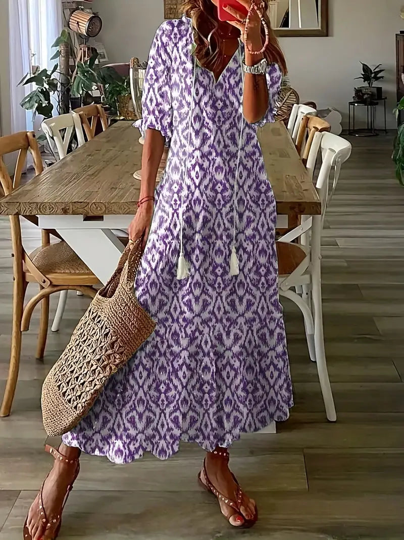 Charlotte Women’s Boho Dress – Ikat Print Summer Dress with V-Neck & Ruffle Details