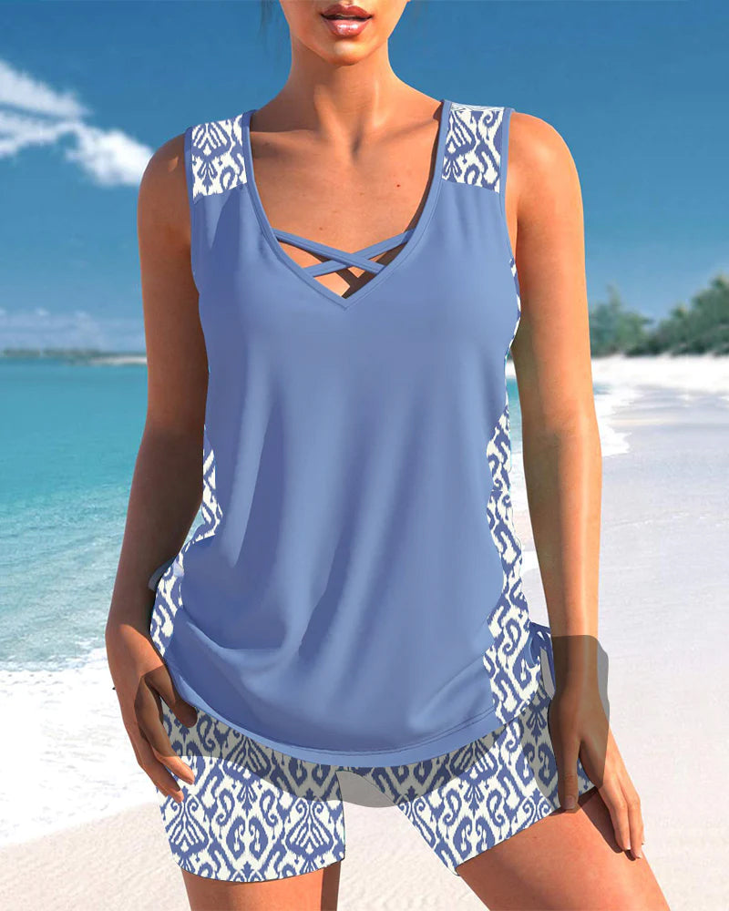 Bienna Women’s Tankini Set – Geometric Swimwear with Built-In Support & Shorts