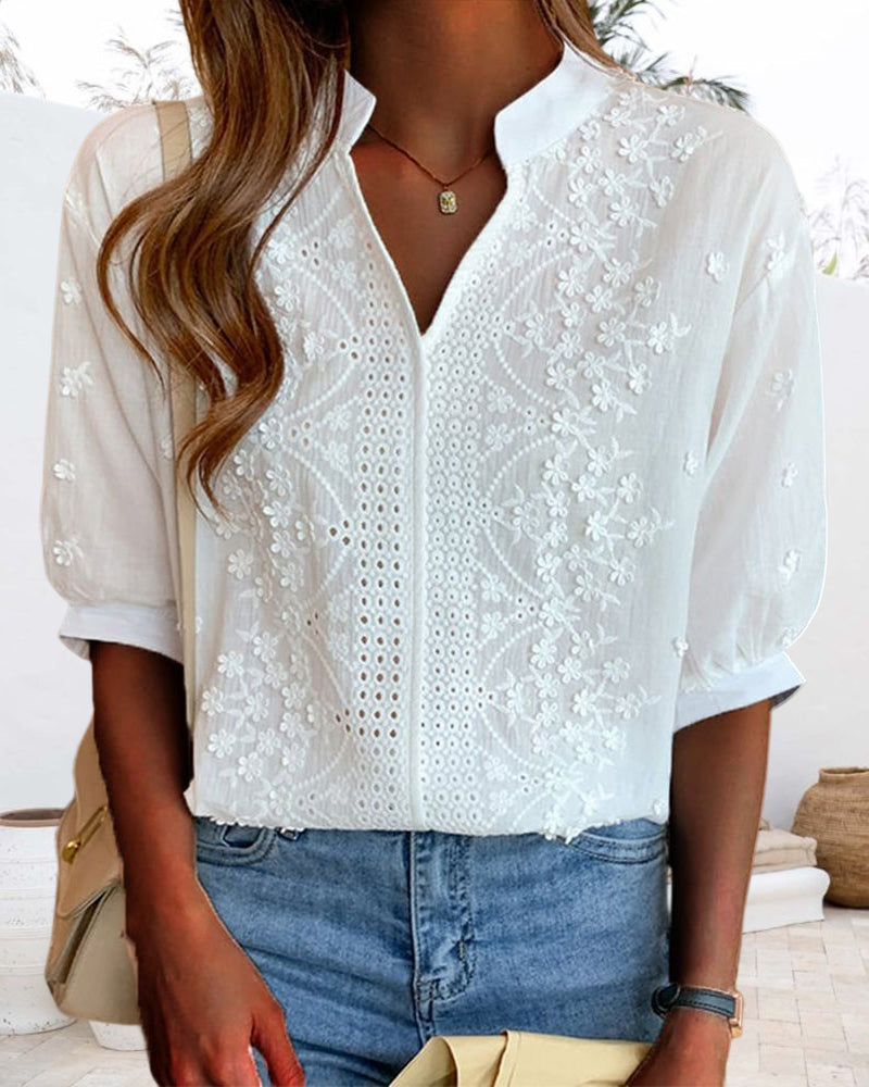 Amelia Women’s Puff Sleeve Blouse – Elegant V-Neck Cotton Lace Patchwork Top