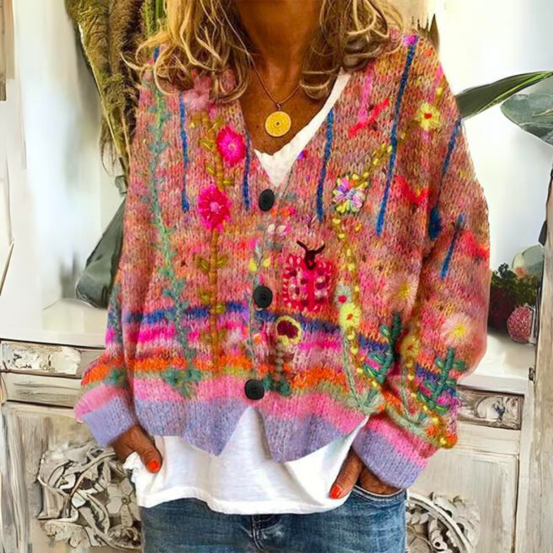 Elisa Women’s Boho Cardigan – Floral Embroidered Oversized Knit Wool Blend Jumper