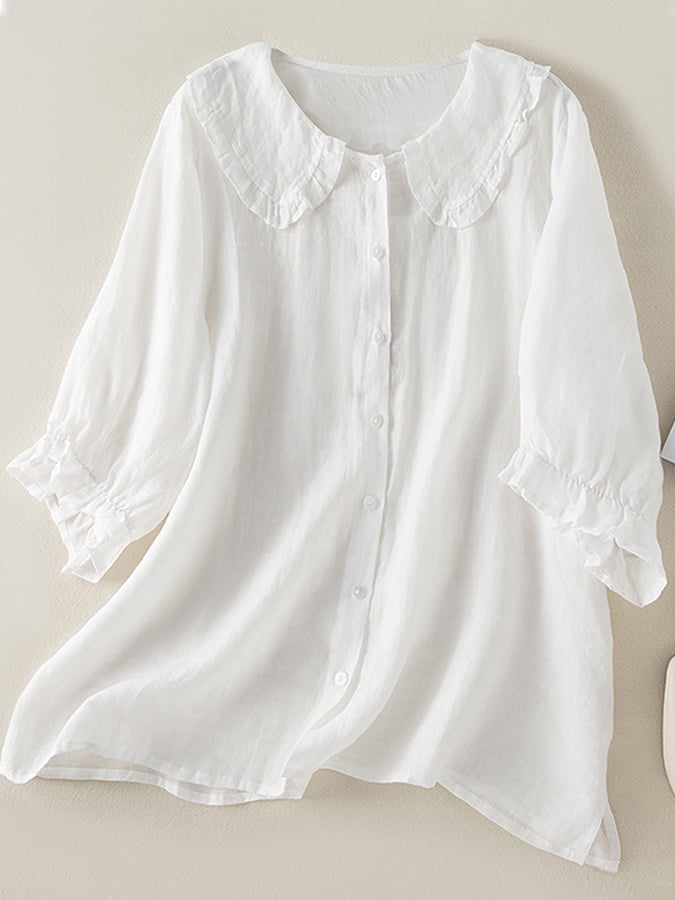 Jillian Women’s Cotton Linen Blouse – Ruffle Collar Loose Fit Casual Chic Shirt