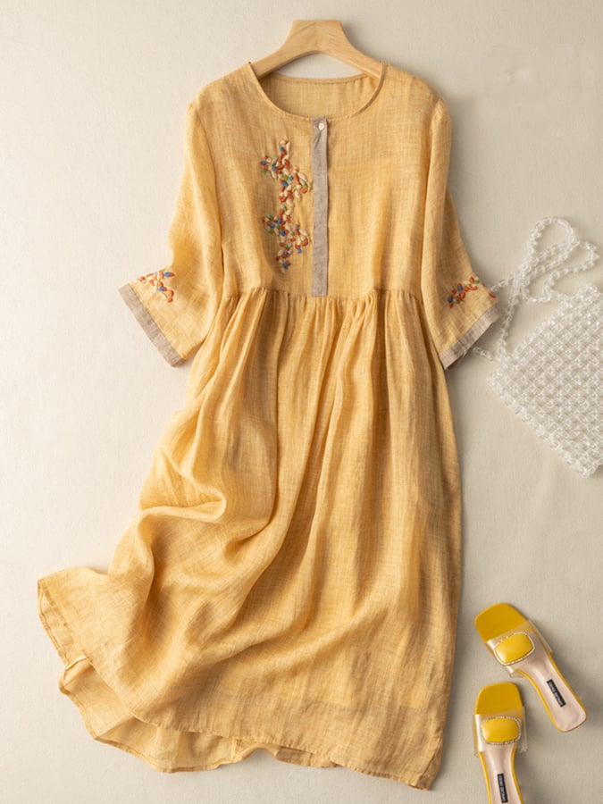 Zara Women’s Cotton Linen Dress – Boho Embroidered Midi Dress with Relaxed Fit