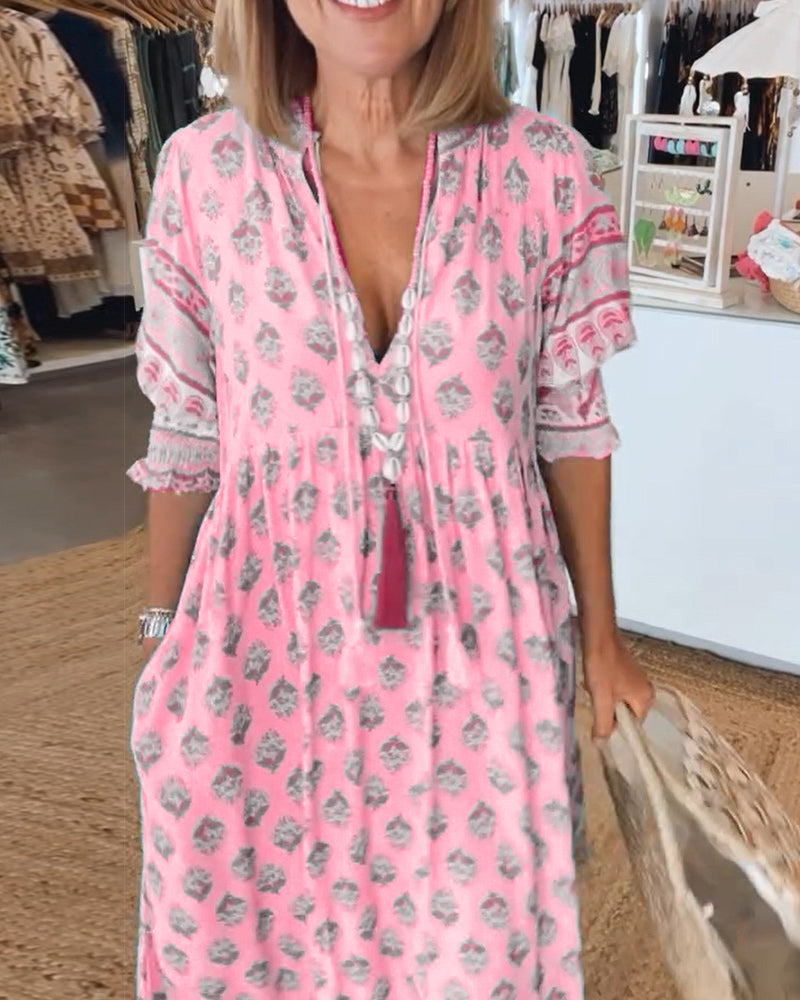 Tallulah Women’s V-Neck Printed Dress – Flowy Casual Dress with Trendy Pattern Design