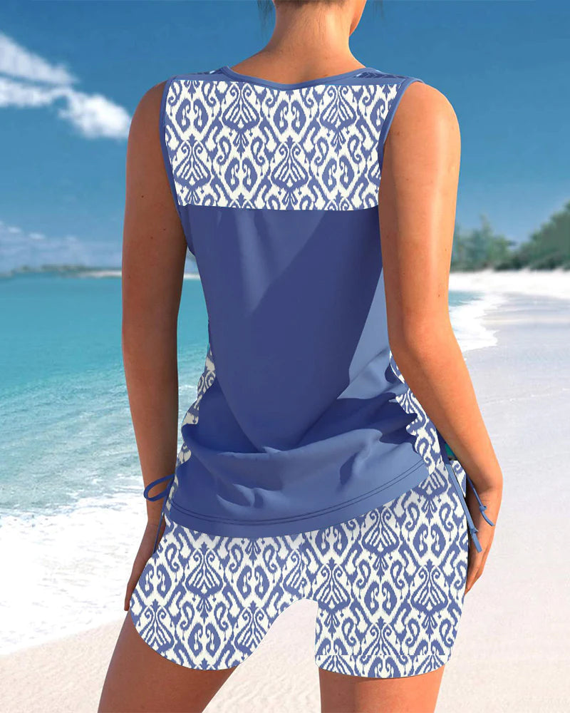 Bienna Women’s Tankini Set – Geometric Swimwear with Built-In Support & Shorts