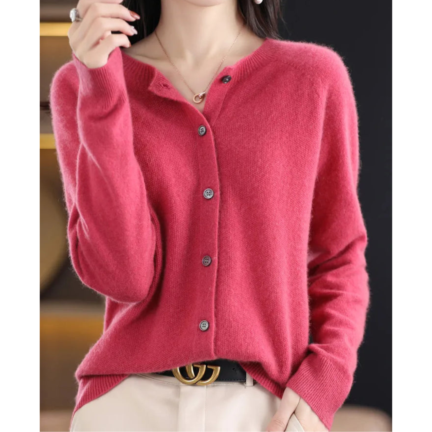 Mercy Women’s Merino Wool Cardigan – Soft Cashmere Knit with Classic Round Neck