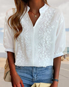 Amelia Women’s Puff Sleeve Blouse – Elegant V-Neck Cotton Lace Patchwork Top