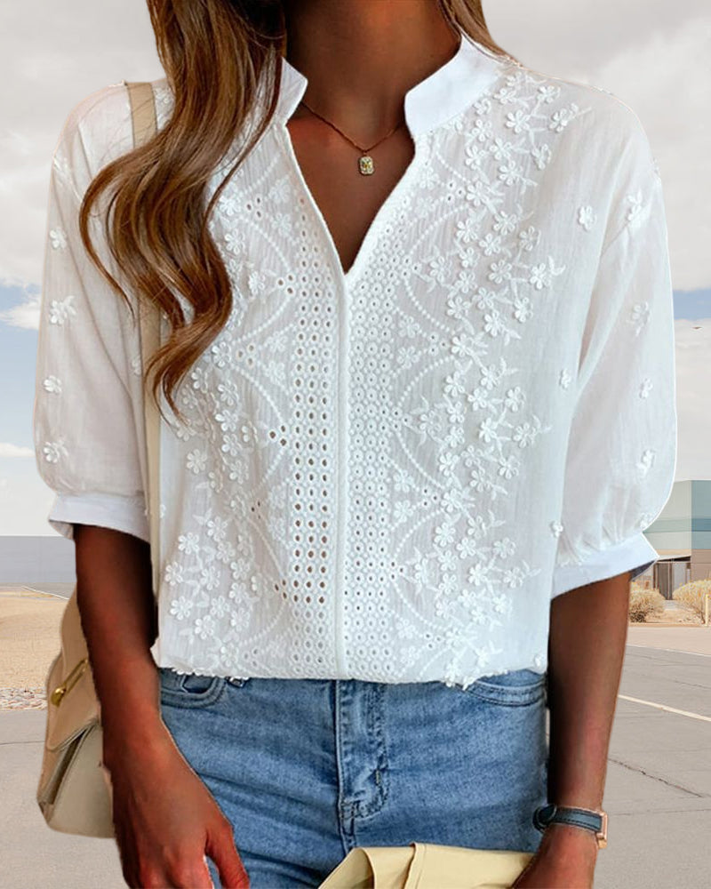 Amelia Women’s Puff Sleeve Blouse – Elegant V-Neck Cotton Lace Patchwork Top