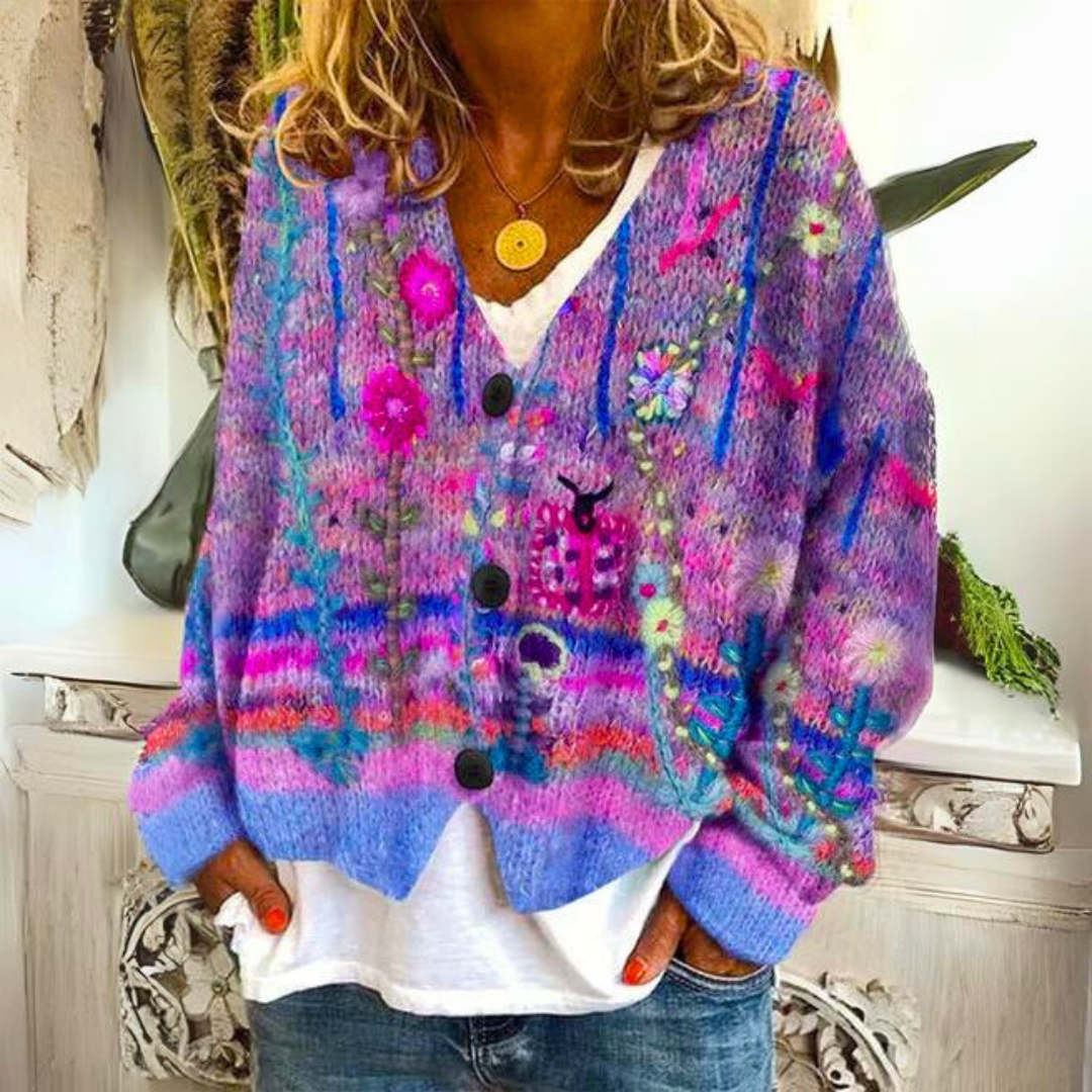 Elisa Women’s Boho Cardigan – Floral Embroidered Oversized Knit Wool Blend Jumper