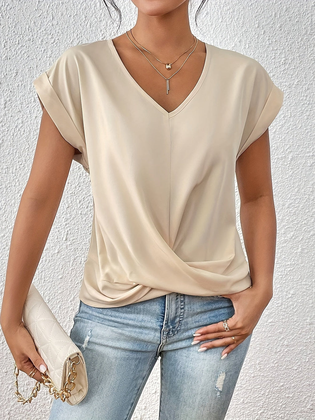 Yasmine Women’s V-Neck Top – Elegant Draped Blouse with Knot Detail & Comfortable Fit