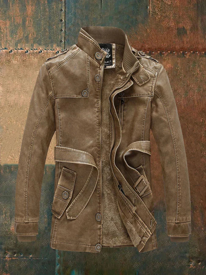 Shon Men’s Vintage Leather Jacket – Retro Zip-Up Coat with Warm Soft Lining