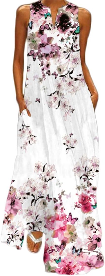 Ruby Women's Butterfly Floral Maxi Dress – Bohemian Sleeveless Summer Dress with Pockets