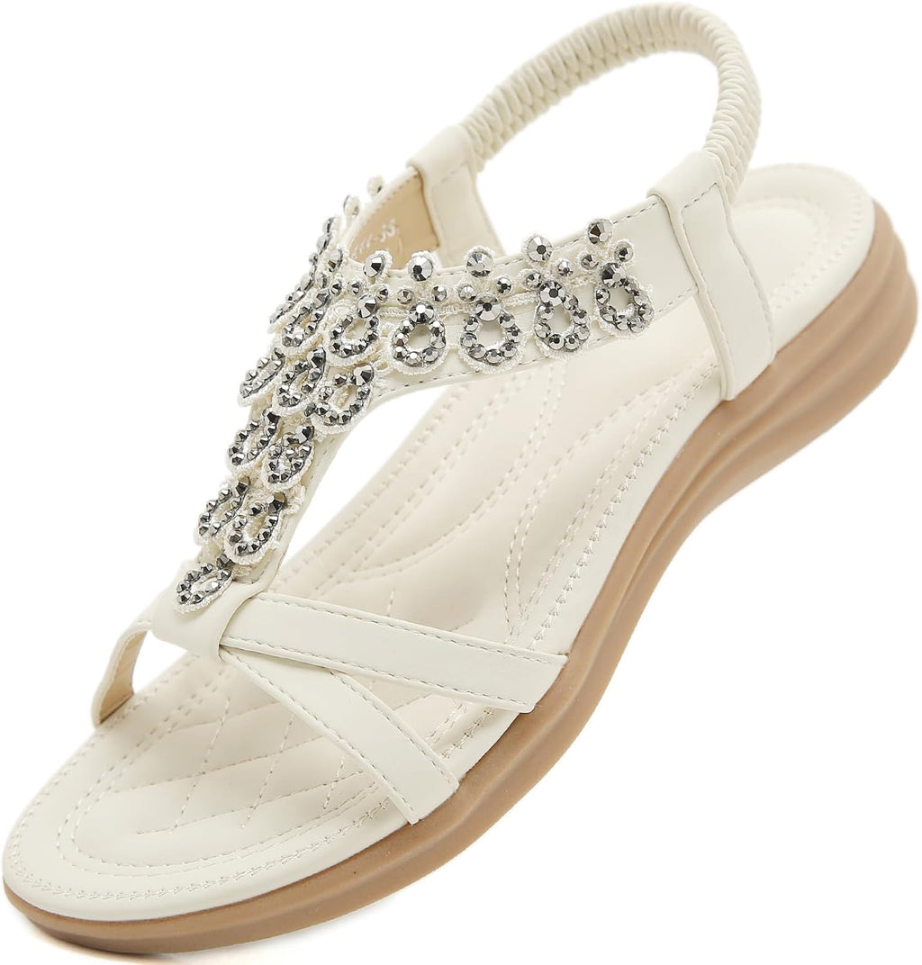 Awie Women's Bohemian Flip Flops – Rhinestone T-Strap Summer Sandals