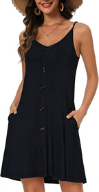Mia Women's Beach Dress – Spaghetti Strap Button Down Mini Dress with Pockets