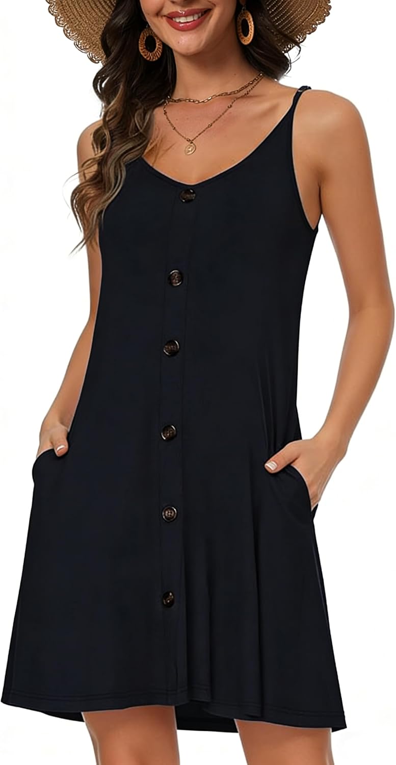Mia Women's Beach Dress – Spaghetti Strap Button Down Mini Dress with Pockets