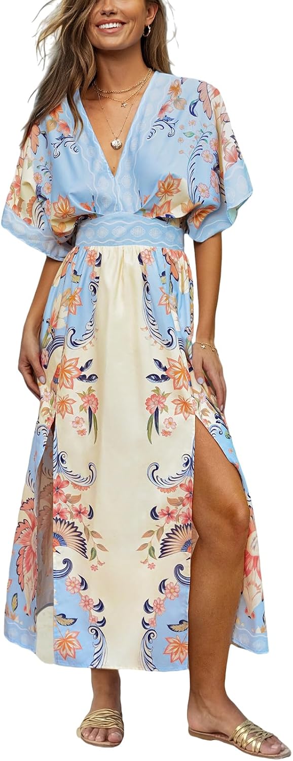 Serena Women's Bohemian Maxi Dress – Floral V-Neck Beach Holiday Dress with Side Slit
