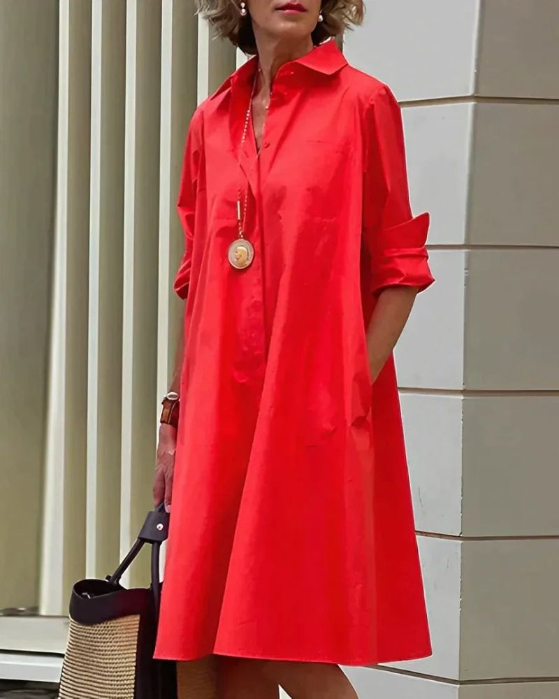 Monet Women’s Shirt Dress – Elegant Midi Dress with Long Sleeves & Practical Pockets