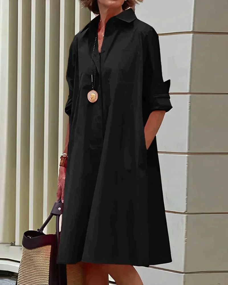 Monet Women’s Shirt Dress – Elegant Midi Dress with Long Sleeves & Practical Pockets