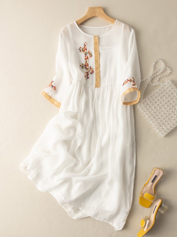Zara Women’s Cotton Linen Dress – Boho Embroidered Midi Dress with Relaxed Fit