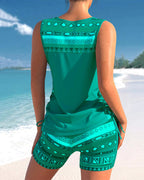 Bienna Women’s Tankini Set – Geometric Swimwear with Built-In Support & Shorts
