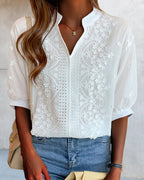 Amelia Women’s Puff Sleeve Blouse – Elegant V-Neck Cotton Lace Patchwork Top