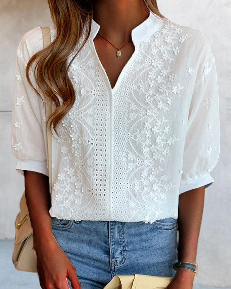 Amelia Women’s Puff Sleeve Blouse – Elegant V-Neck Cotton Lace Patchwork Top