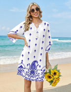 Fiona Women's Boho Tunic Dress – Floral V-Neck Summer Dress with Pockets
