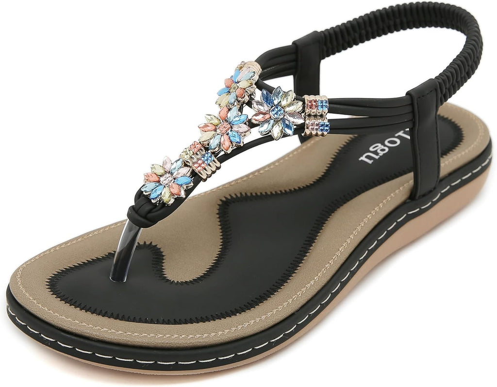 Anna Women's Bohemian Flip Flops – Rhinestone Flower Beach Sandals