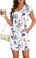 Aurora Women's Tie Waist Summer Dress – Elegant V-Neck Short Sleeve Dress with Pockets