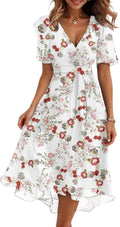 Evelyn Women's Floral Midi Dress – V-Neck Chiffon Wedding Guest Dress with Belt