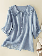 Jillian Women’s Cotton Linen Blouse – Ruffle Collar Loose Fit Casual Chic Shirt