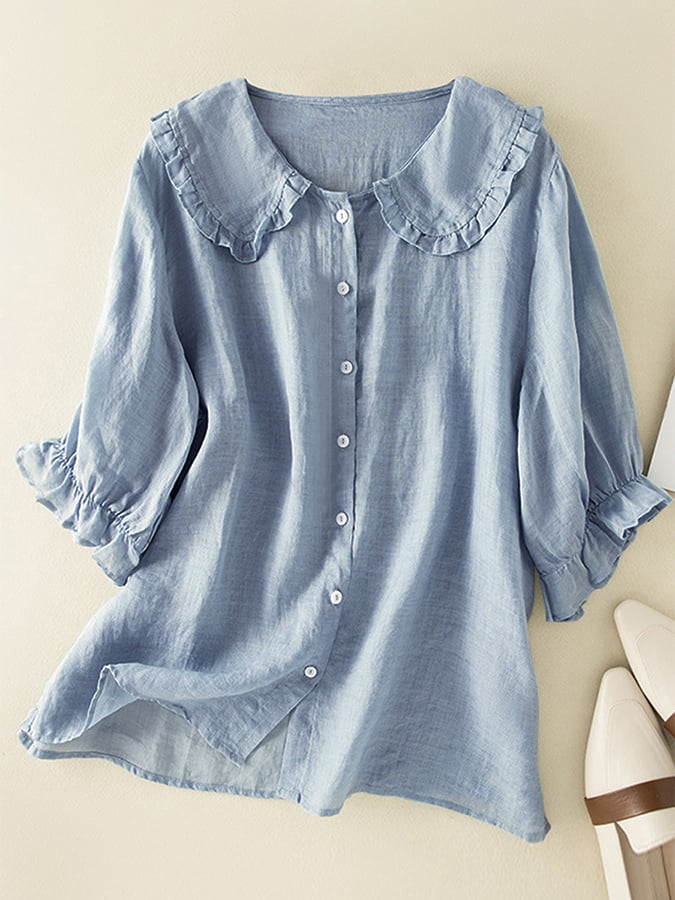 Jillian Women’s Cotton Linen Blouse – Ruffle Collar Loose Fit Casual Chic Shirt